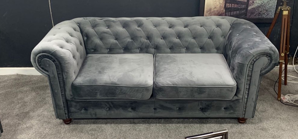 Chesterfield Grey Plush Velvet Sofa Set 3 2 Seater Leather