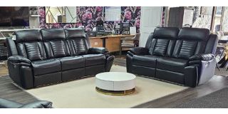 Saville Black Bonded Leather 3 + 2 Sofa Set Electric Recliners With LED Lighting And USB