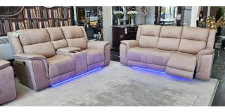 Savannah 3 + 2 Beige Luxury Fabric Electric Recliners With Drinks Holders And Storage With Blue LED Ambient Lighting Plus USB Charging