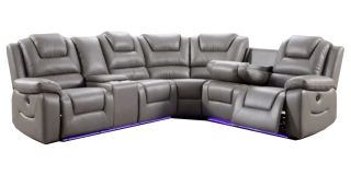 Oxford Grey RHF Leathaire Corner Sofa Electric Recliner With Adjustable Headrests Ambient LED Lighting USB Ports
