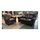 Natuzzi Brown Distressed Leather 2 + 1 Sofa Set With Scroll Arms And Wooden Legs - Few Scuffs (see images) Ex-Display Showroom Model 50244