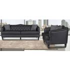 Adam Black Bonded Leather 3 + 2 Sofa Set With Studded Arms And Wooden Legs