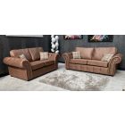 Oakland Fabric Sofa Set 3 + 2 Seater Brown With Studded Arms And Cushions