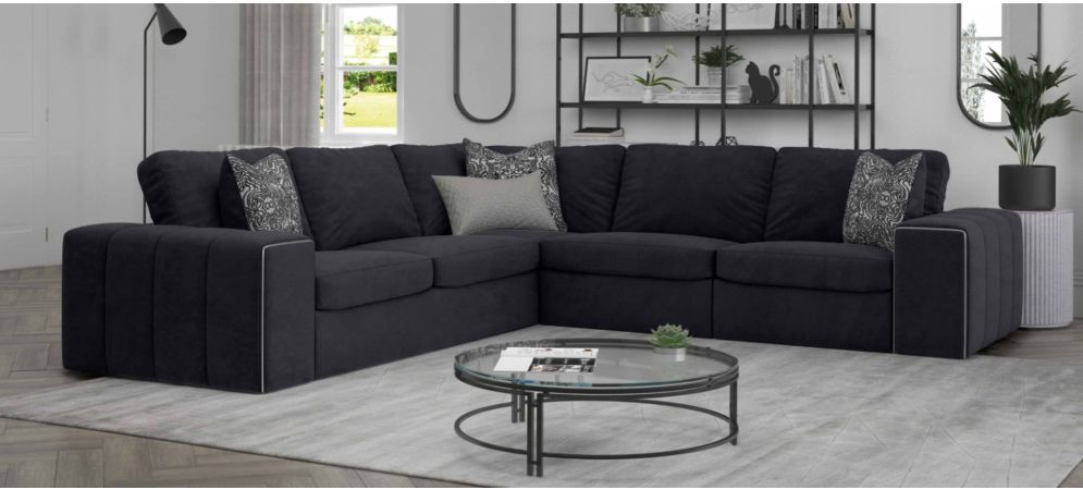 Bradley Large 2C2 Black Fabric Corner Sofa With Silver Trim
