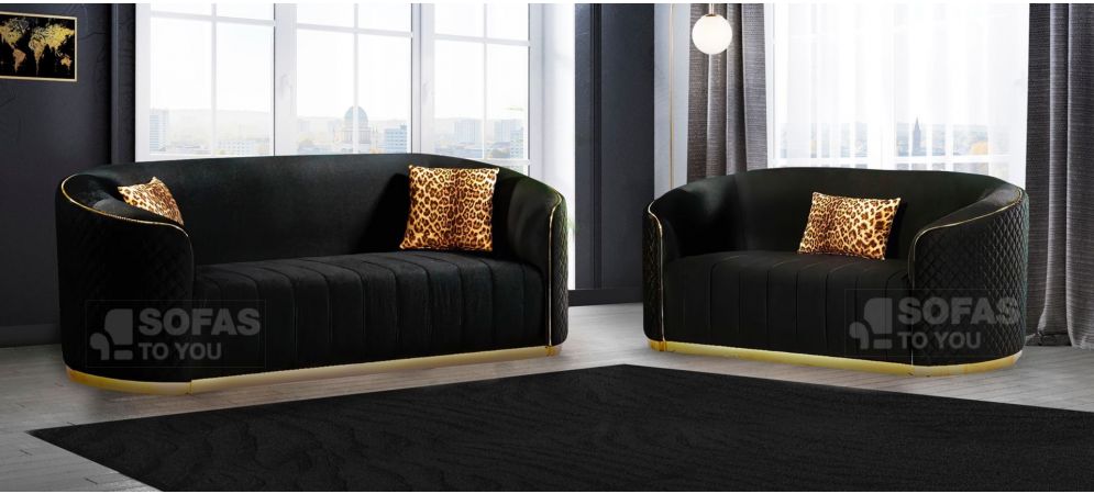 Fendi 3 2 Black Soft Velvet Sofa Set, Gold Leather Sofa Set