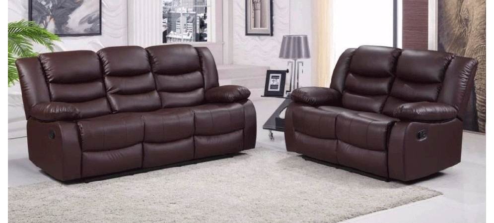Roman Brown Recliner Leather Sofa Set 3, Sofa With Recliner Set