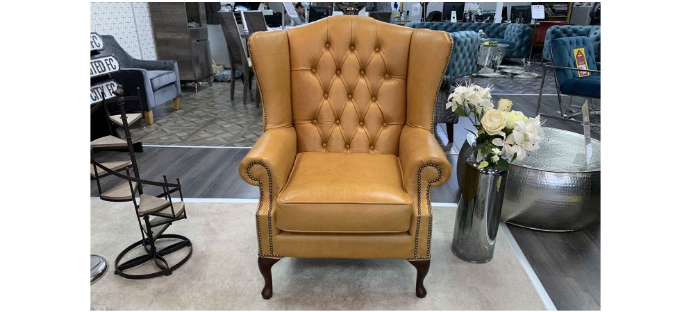 Wing Mustard Handmade Aniline Leather Armchair With Studded Scroll Arms And Wooden Legs 4 Week Bespoke Build Call For Colour Options Leather