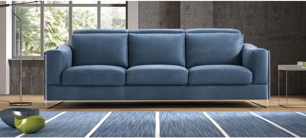 Ethan Blue Suede Electric 3 2 Adjustable Sofa Set With Chrome Legs Newtrend Available In A Range Of Leathers And Colours 10 Yr Frame 10 Yr Pocket