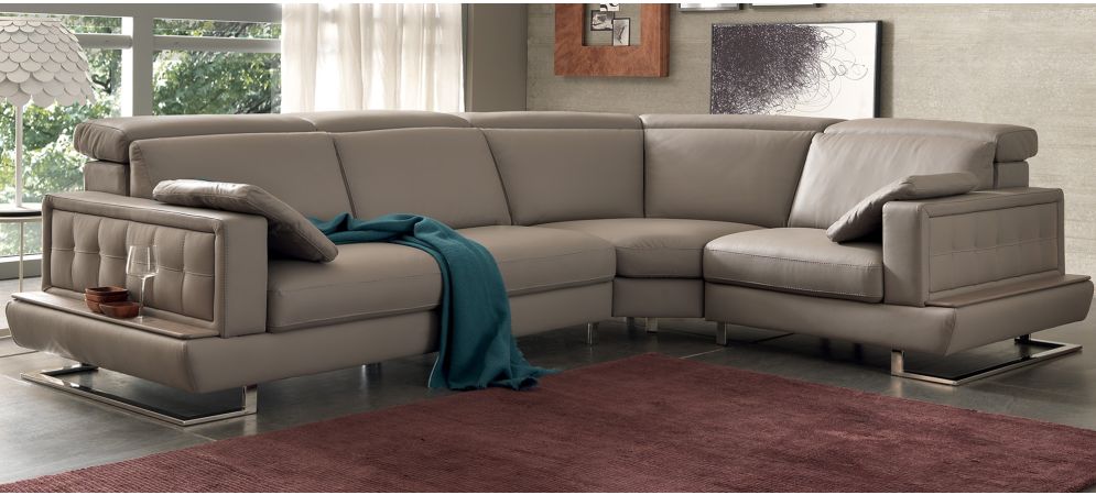 Pegaso Taupe RHF Leather Corner Sofa With Adjustable Headrests And Wooden Shelf Newtrend Available In A Range Of Leathers And Colours 10 Yr Frame 10