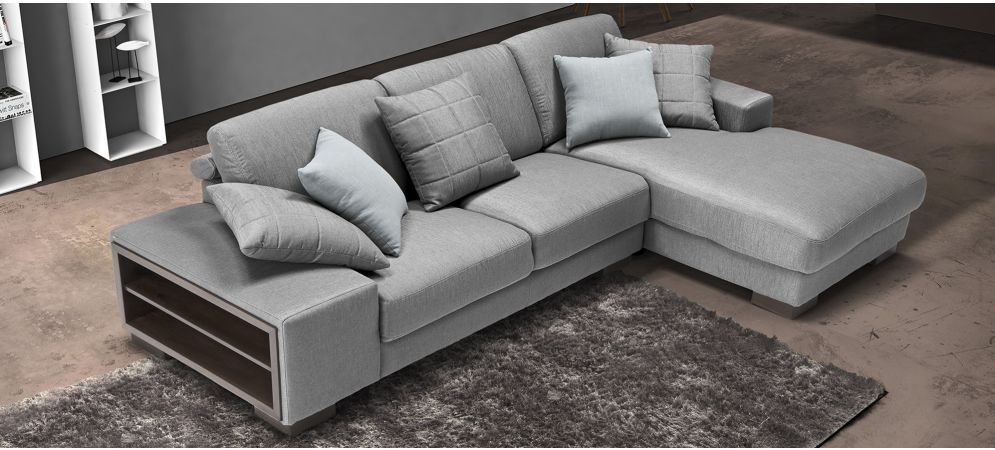 Arrone Silver RHF Fabric Corner Sofa With Side Storage And Wooden Legs Newtrend Available In A Range Of Leathers And Colours 10 Yr Frame 10 Yr Pocket