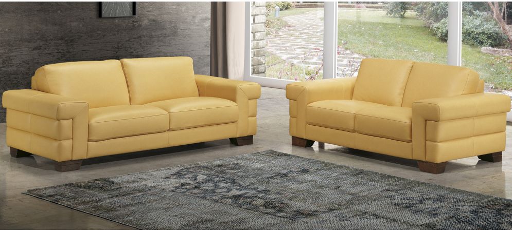 Megane Yellow Leather 3 2 Sofa Set With Wooden Legs Newtrend