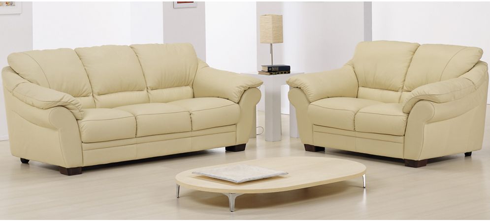 2 Sofa Set With Wooden Legs Newtrend, Cream Leather Sofa