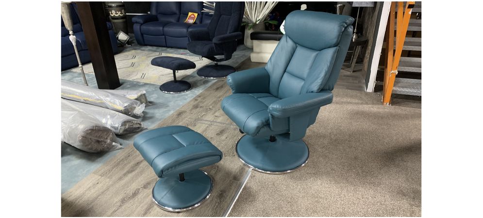 Dubai Green Accent Leather Armchair With Wooden Legs And Footstool