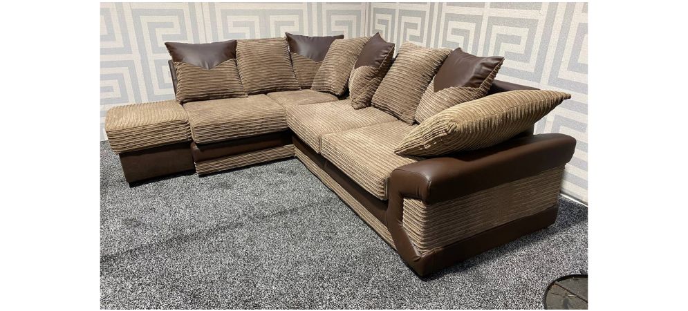 Dino Brown Lhf Fabric Corner Sofa With Ter Back And Storage Footstool Ex Display Showroom Model 47507 Leather World Dino Brown Lhf Fabric Corner Sofa With, Dino Leather Sofa