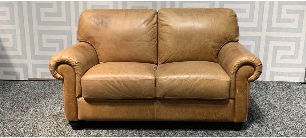 Honey Regular Aniline Leather Scroll Arm Sofa With Wooden Legs Few Marks See Images Ex Display Showroom Model 47961 World Honey Regular Aniline Leather Scroll, Aniline Leather Sofa