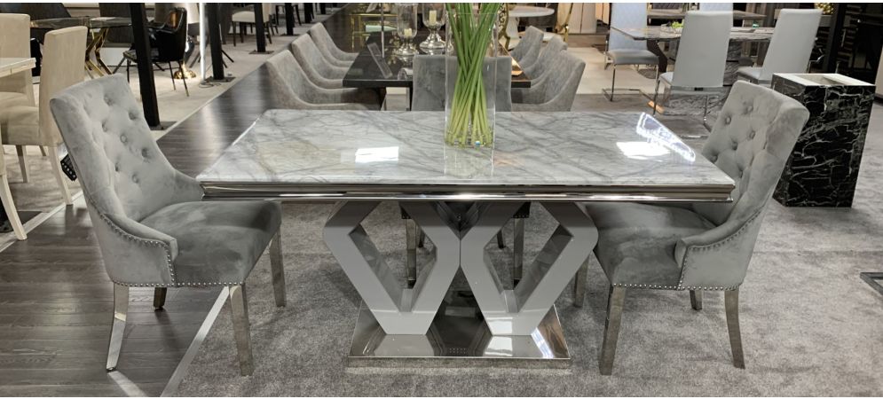 Grey marble dining table discount and 6 chairs