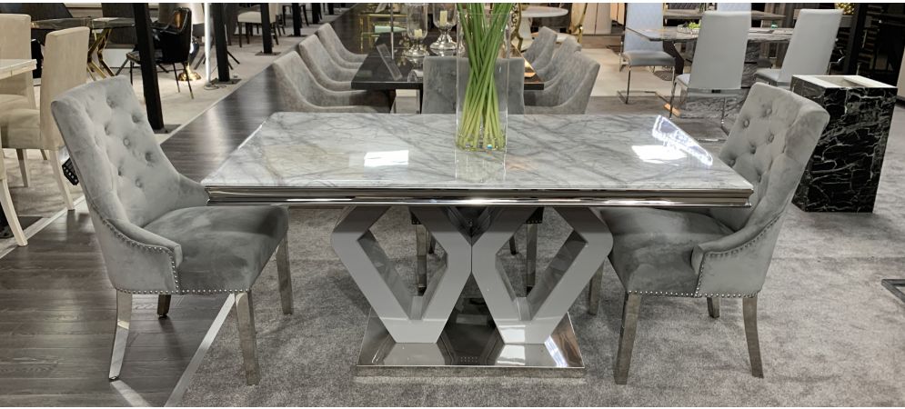 Grey Studded Fabric Chrome Leg Chairs, Studded Dining Room Table