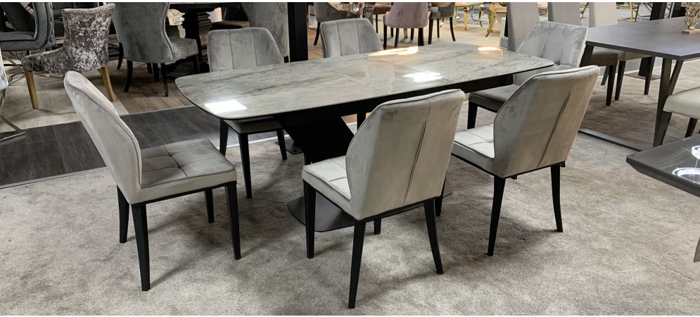 Ravel 2m Ceramic Extending Dining Table, Dining Table With Grey Fabric Chairs