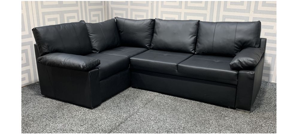 Black Bonded Lhf Leather Corner Sofa Bed With Storage And Chrome Legs Dented Right Arm Few Scuffs See Images Ex Display Showroom Model 48245 World Black Bonded Lhf Leather Corner Sofa, White Leather Corner Sofa Bed With Storage