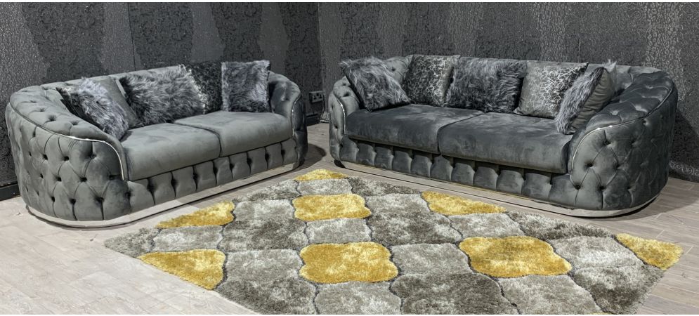 Prada 3 2 Grey Soft Velvet Sofa Set With Ter Cushions Chrome Seams And Base Detailing Leather World Prada 3 2 Grey Soft Velvet Sofa Set, Charcoal Velvet Sofa Uk