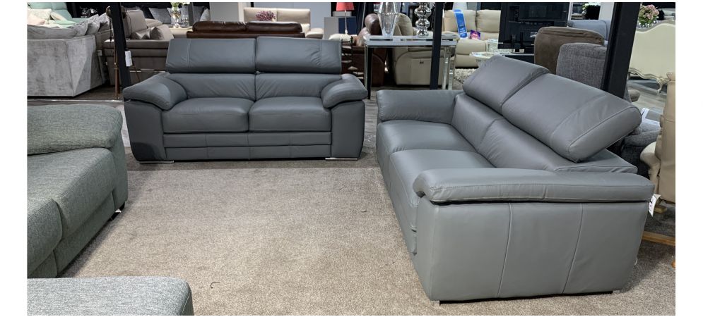Moran Grey Corrected Grain Leather 3, Leather Gray Sofa Set