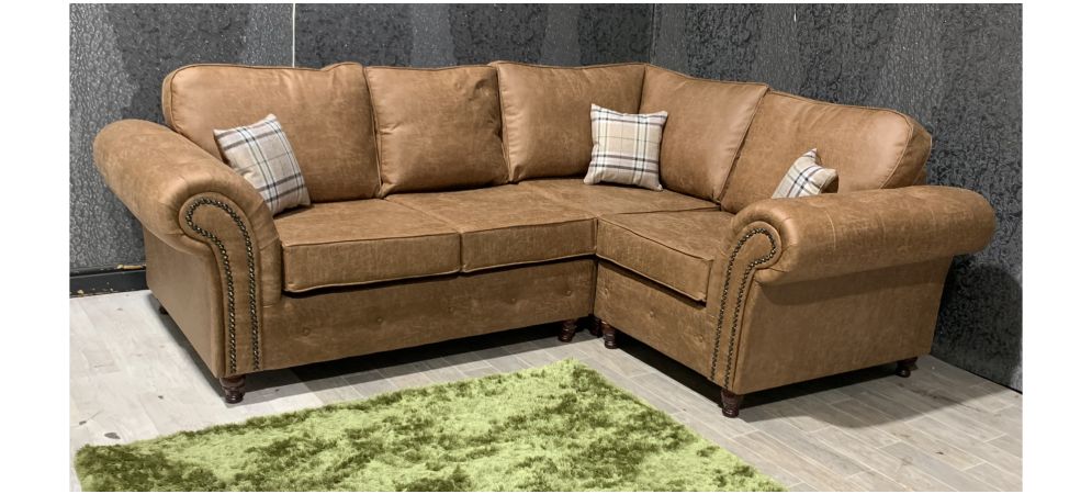 Oakland Tan Studded Round Arm Rhf Fabric Corner Sofa With Wooden Legs Ex Display Showroom Model 48725 Leather World Oakland Tan Studded Round Arm Rhf, Brown Leather And Material Corner Sofa