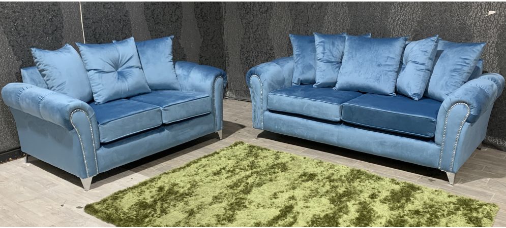 Chloe Sky Blue Plush Velvet Studded Round Arm 3 2 Sofa Set With Ter Back And Chrome Legs Leather World Chloe Sky Blue Plush Velvet Studded, Round Arm Leather Sofa
