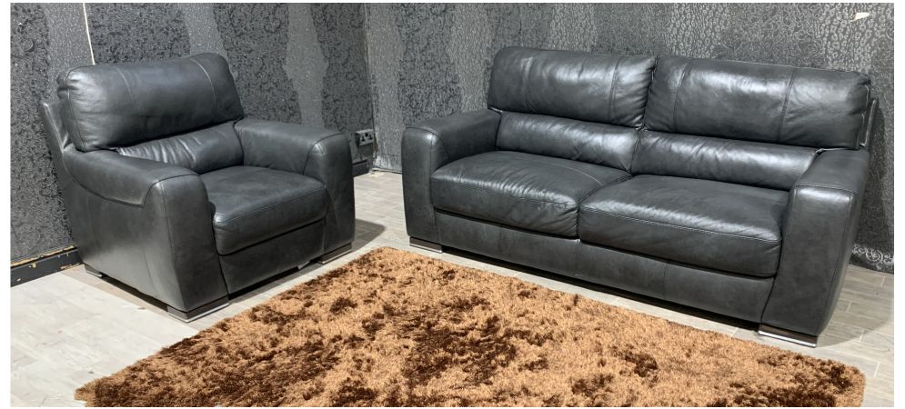 Lucca Dark Grey Leather 3 1 Sofa Set, Grey Leather Sofa 3 1