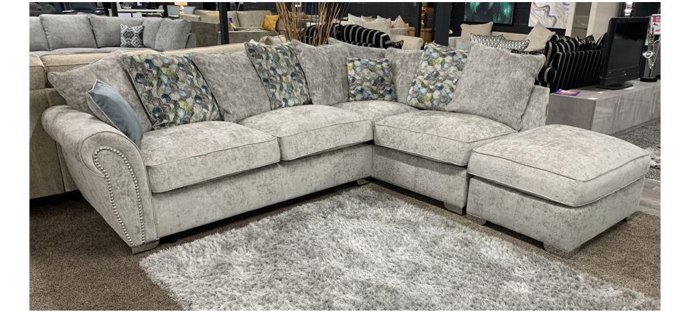 Flair Grey RHF Fabric Corner Sofa With Studded Arms Scatter Back And Chrome Legs Detachable Footstool w95cm d70 h50 Inclusive Leather Sofa World