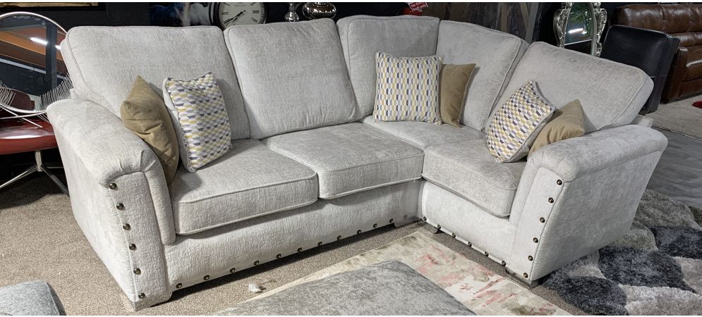 Franklin Cream RHF Fabric Corner Sofa With Studded Arms And Chrome Legs Ex Display Showroom Model 49590 Leather Sofa World