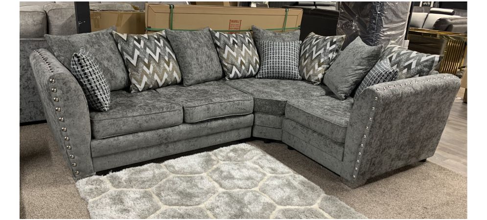 Maison Grey RHF Fabric Corner Sofa With Scatter Back And Chrome Legs Ex Display Showroom Model 50229 Leather Sofa World