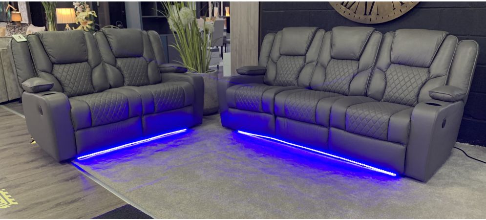 Vegas Grey 32 Leathaire Electric Recliners With Reading Lights Floor Lighting Wireless Charger Usb And Cup Holders Leather Sofa World