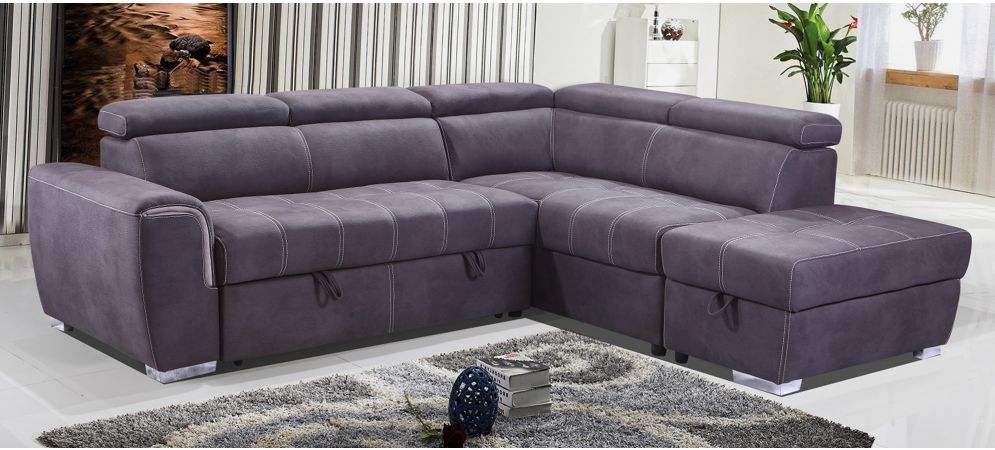 Adria RHF Corner Sofa Bed In Grey Fabric With Ottoman Storage And Contrasting Stitching And Adjustable Headrests Leather Sofa World