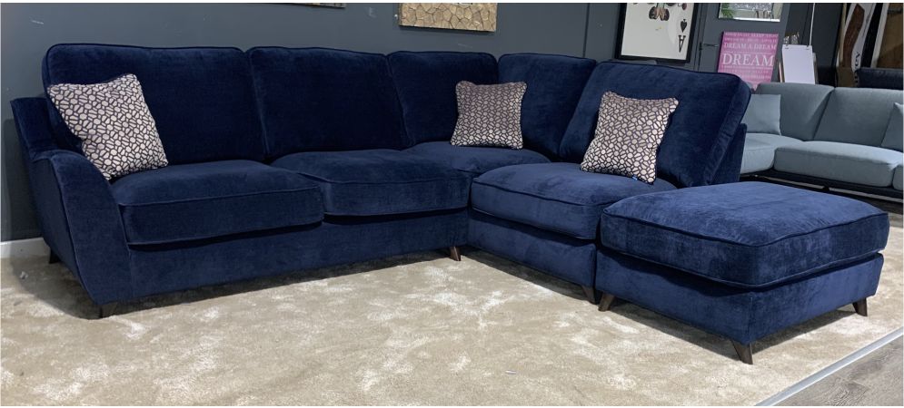 Navy Blue Fabric Rhf Corner Sofa With Large Footstool And Wooden Legs Leather Sofa World
