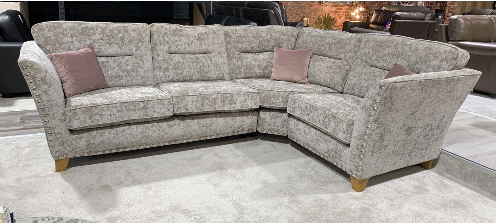 Paris Rhf Grey Fabric Corner Sofa With Wooden Legs Ex Display Clearance Model 50904 Leather Sofa World