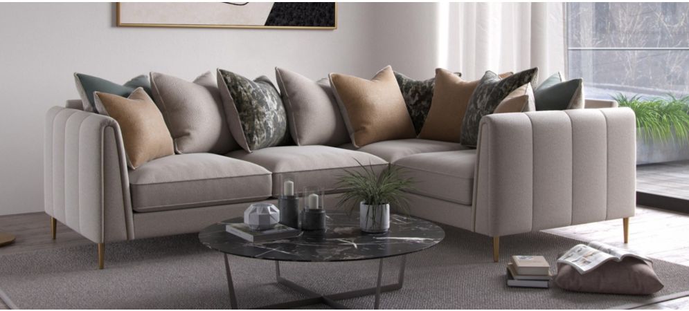 Harlow Glamourous Design Beige Rhf Fabric Corner Sofa Featuring Metal Trim Detail And Scatter Back Leather Sofa World