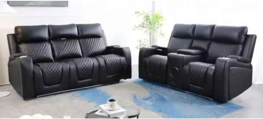 Gray Faux Leather Power Recliner Sofa Set With Console Storage, LED
