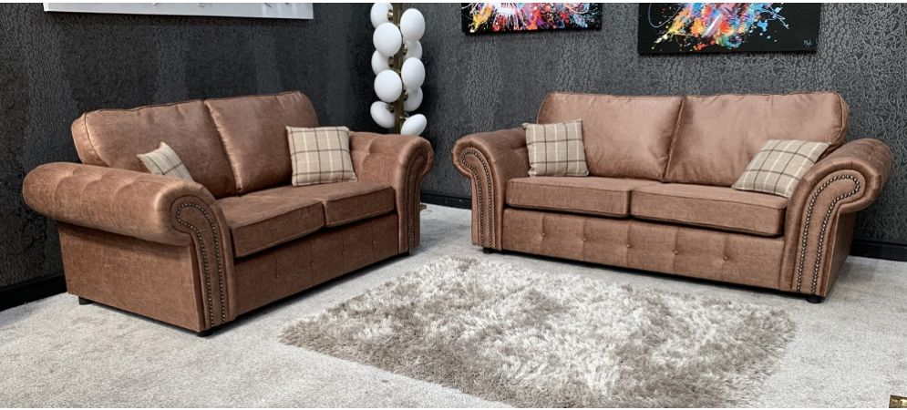 Oakland Fabric Sofa Set 3 2 Seater, Leather Studded Sofa Brown