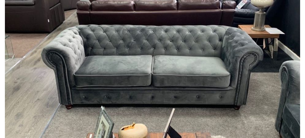 2 Seater Grey Plush Velvet Sofa Set, Chesterfield Sofa Gray Velvet