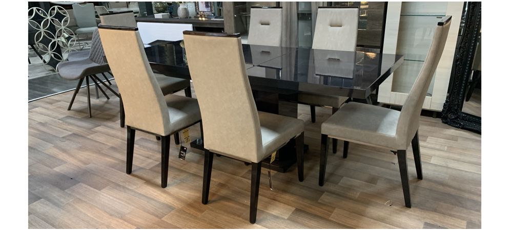1.6m Black Dining Table Extending To 2.1m With 6 Grey Faux Leather Chairs Few Scuffs And Marks w50cm d56 h110 Ex display Leather Sofa World