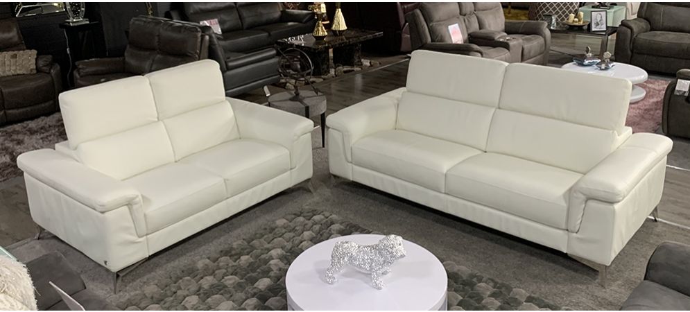 Domi Semi Aniline Leather Sofa Set 3, White Leather Sofa Chair