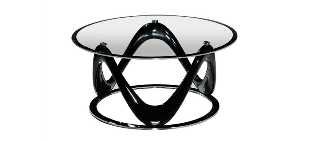 Drift Circular Coffee Table Clear Glass Top with Black High Gloss and Chrome Base Leather Sofa World