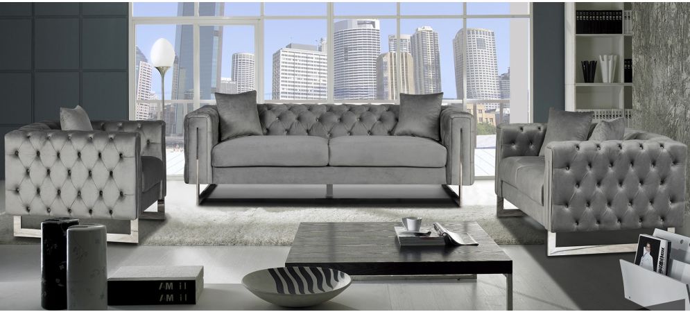 Gray velvet shop sofa and loveseat