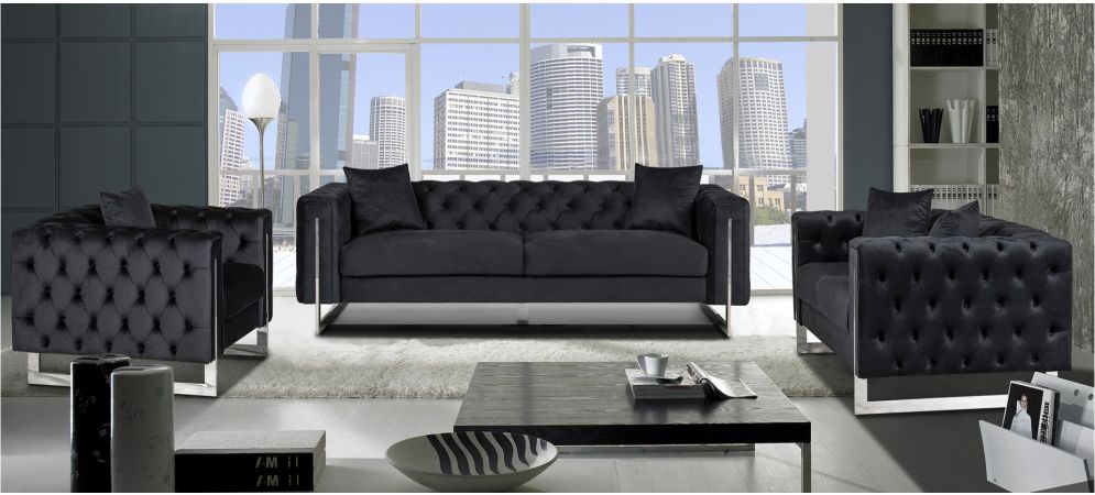 Fenzi Black Fabric 3 2 1 Sofa Set Plush Velvet With Chrome Legs Leather Sofa World