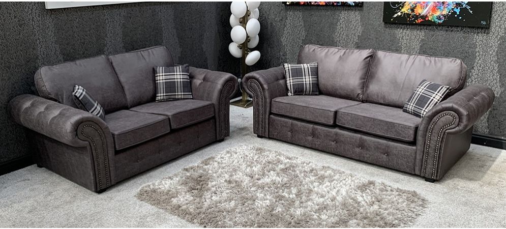 espada grosor Fortalecer Oakland Fabric Sofa Set 3 + 2 Seater Grey With Studded Arms And Cushions | Leather  Sofa World