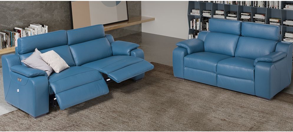 Mia Blue Leather 3 2 Electric Recliners With Adjustable Headrests And Wooden Legs Newtrend Available In A Range Of Leathers And Colours 10 Yr Frame