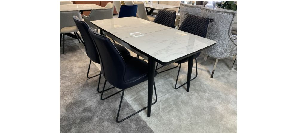 1.26m 1.56m Marble Effect Extending Dining Table With 4 Navy Quilted Faux Leather Chairs w50cm d50cm h90cm Ex Display Clearance 50884