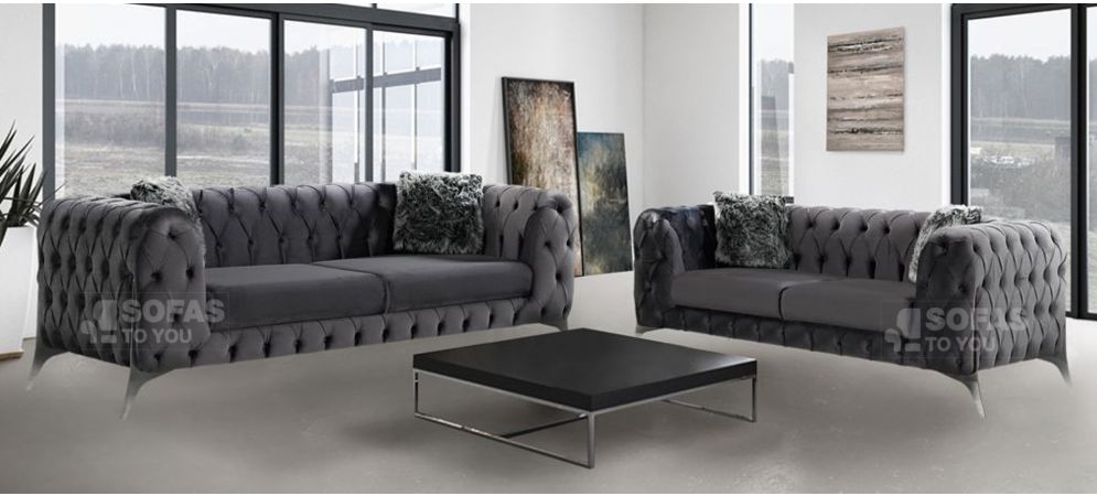 New Sandringham 3 2 Chesterfield Dark Grey Soft Velvet Sofa Set With Chrome Legs Leather World Chrome Legs Leather Sofa, Chesterfield Sofa Chrome Legs