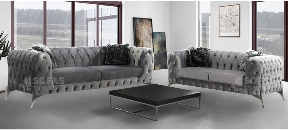New Sandringham 3 2 Chesterfield Silver Soft Velvet Sofa Set With Chrome Legs Leather World New Sandringham 3 2 Chesterfield Silver, Chesterfield Sofa Chrome Legs