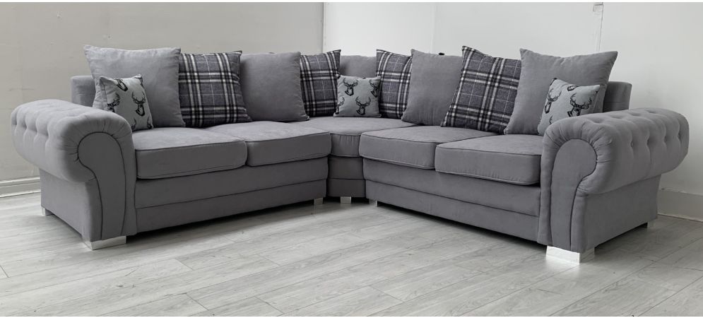 Verona Large Grey Round Arm Fabric Corner Sofa 2C2 With Chrome Legs And Scatter Back Leather Sofa World